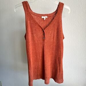 Eileen Fisher Petite Large Linen Henley Tank Rust Orange Sleeveless Ribbed Knit